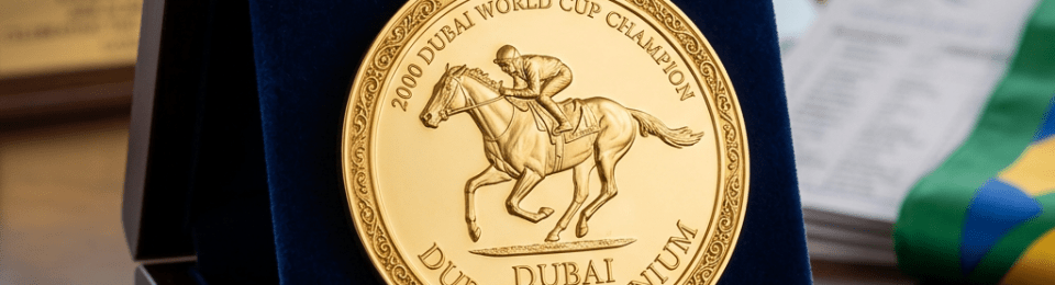 Gold medal for 2000 Dubai World Cup Champion Dubai Millennium with horse and jockey design