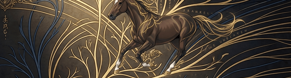 Flowing gold and blue botanical branches over dark calligraphic background